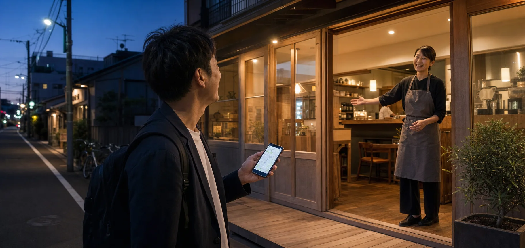 スマートフォンで見つけた日本の店舗を訪れ、スタッフに迎えられるお客様