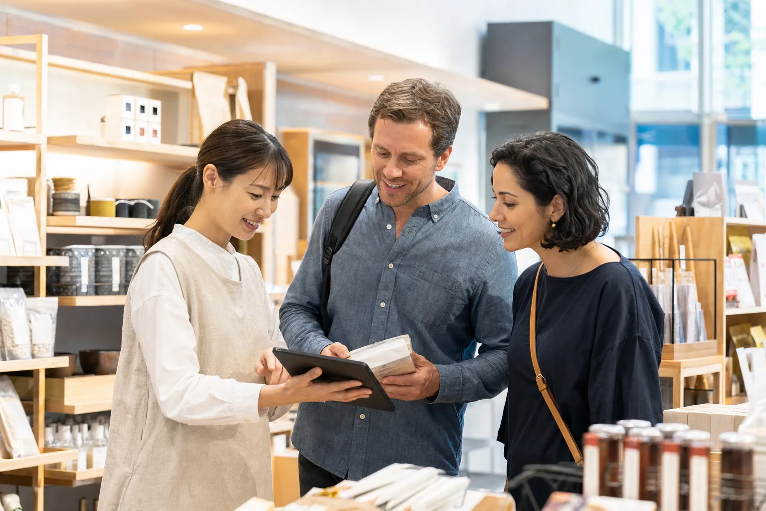 日本の店舗で海外からのお客様を案内するスタッフ
